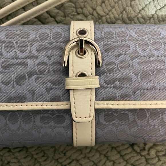 Vintage Blue Logo Coach Wristlet with white strap and buckle. Snap Closure - Picture 7 of 8